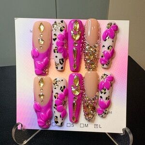 Bright Pink 3D Floral Leopard Press-On Nails